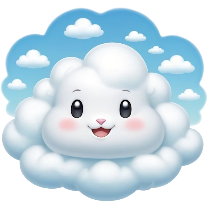 Cinematic tiny puffy bunny-shaped cloud, floating gently in the sky, soft glowing light, tiny rounded ears, smiling face, dreamy and magical. emoji