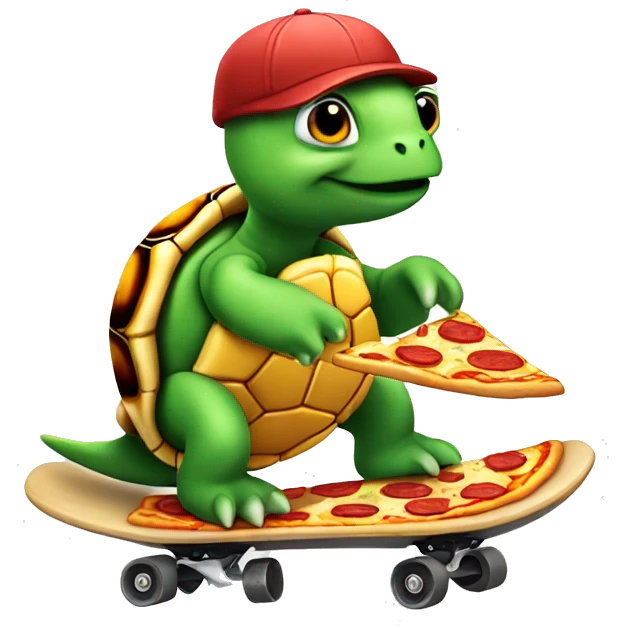 Turtle eating pizza on a skate emoji