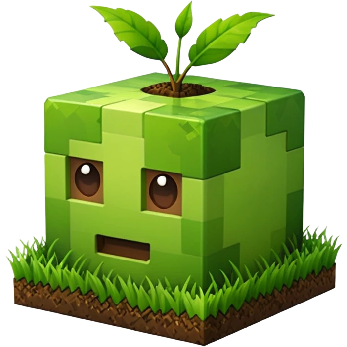 Minecraft 草块的 3D Apple 风格表情符号，立方体形状，顶部有草，下面是地块 emoji