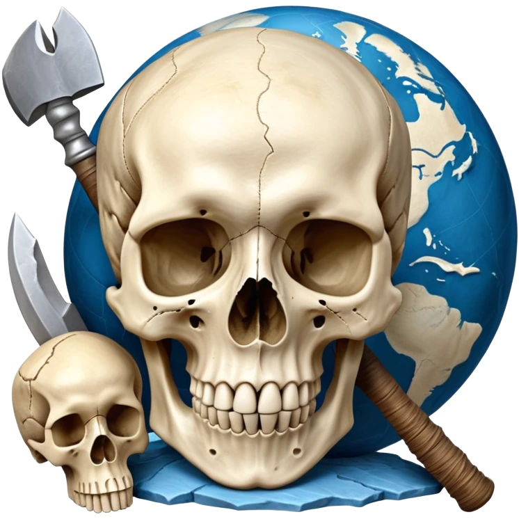 An icon featuring a human skull and fossilized bones, symbolizing the study of anthropology. The design includes archaeological tools like a pickaxe and brush, with a background of ancient artifacts and a globe. Transparent background emphasizes the exploration of human history and evolution. emoji
