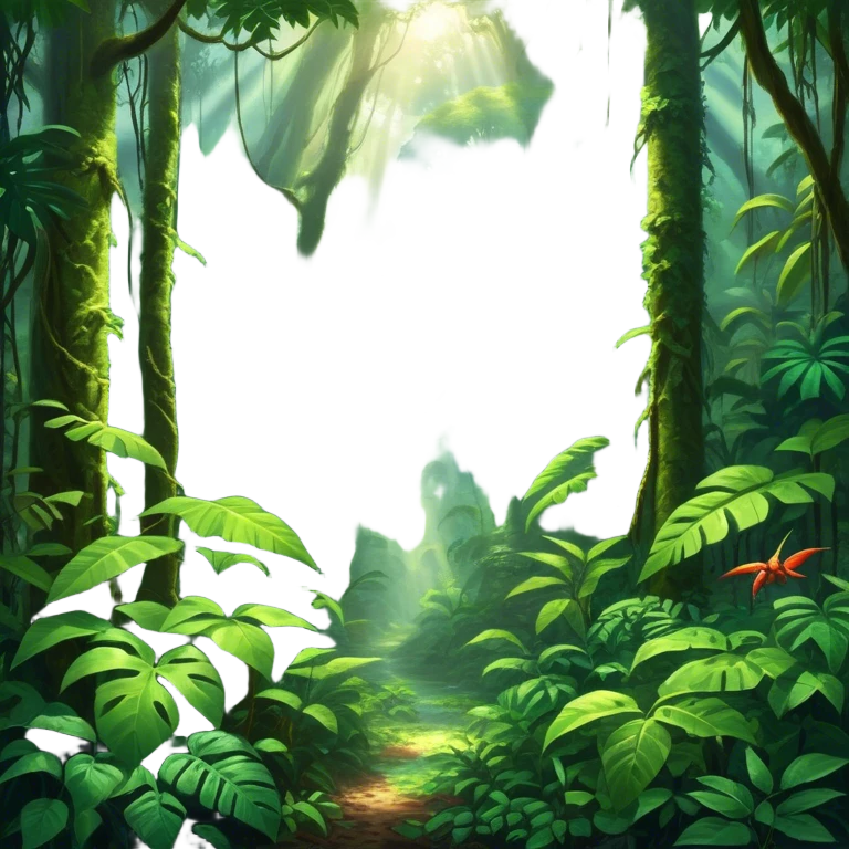 Cinematic Realistic Rainforest Emoji, Lush and vibrant, filled with towering trees, thick vines, and dense green foliage, sunlight filtering through the canopy above, creating dappled patches of light on the rich, diverse undergrowth. The air is heavy with moisture, with mist rising from the forest floor and distant calls of exotic birds and animals echoing through the trees. Soft glowing outline, capturing the essence of a thriving, untamed tropical paradise filled with life! emoji
