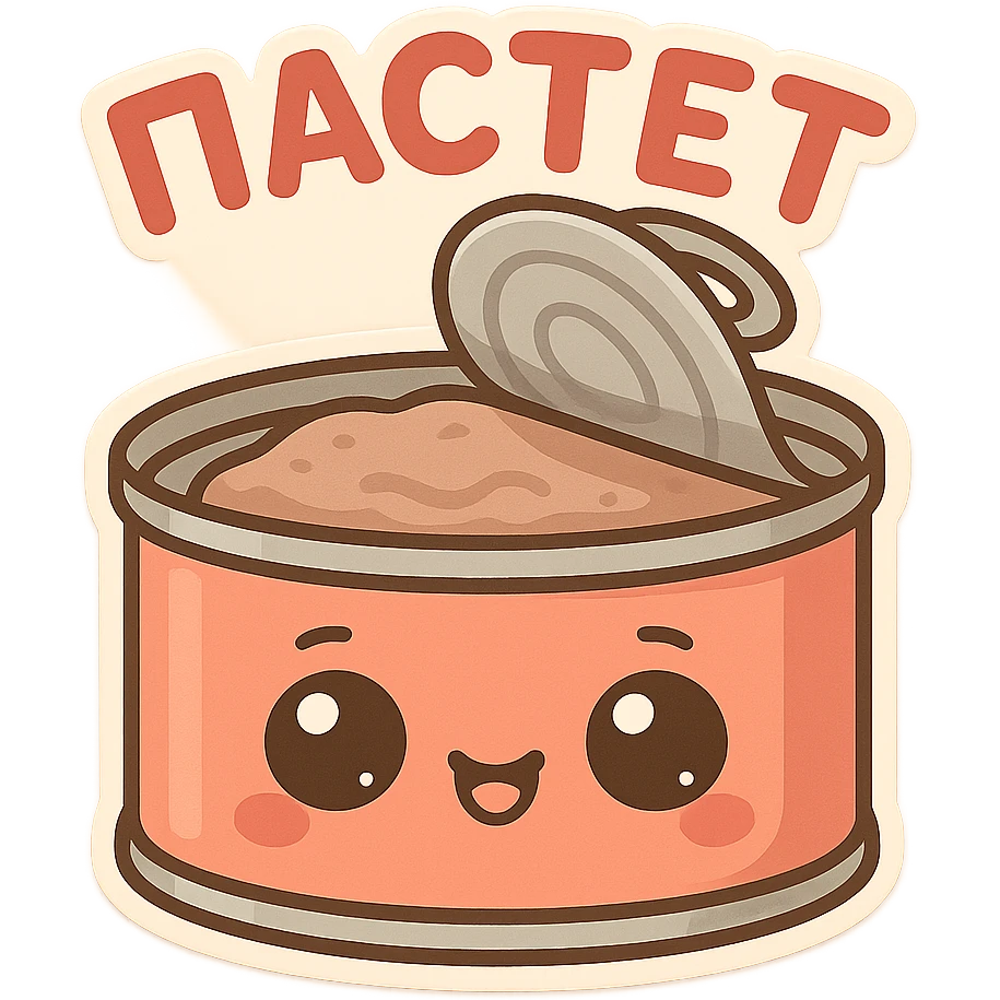 A cute tin can of pâté with big expressive cartoon eyes, smiling and happy face, kawaii style, pastel colors, soft shading, simple background, adorable character design, high quality illustration, playful and funny mood, text on top saying "ПАСТЕТ" in bold cute Cyrillic letters emoji
