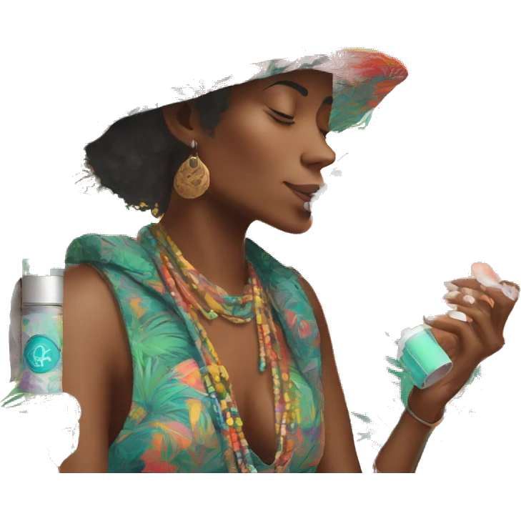 Person vaping wearing a colourful vibrant tropical patchwork of intricate vintage patterns, vape emoji