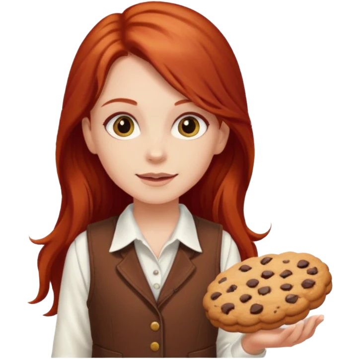 white girl scout with red long hair selling cookies with a brown vest and white shirt under vest. She should be around 10 years old emoji