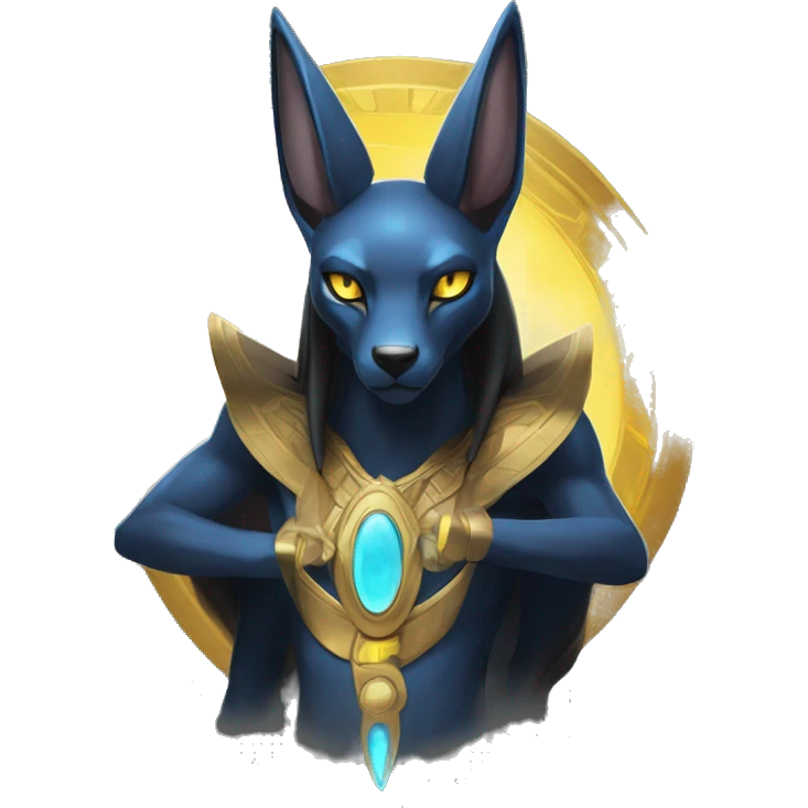 Black godly overpowered ethereal majestic Egyptian Lucario-Umbreon-Cat. Golden Anubis-Rings and yellow ring-markings. Full body emoji