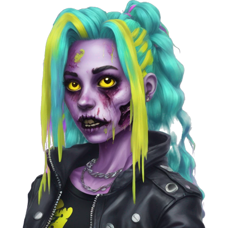 .Zombie_ wearing punk clothes Vaporwave black holographic oilslick zombie unicorn yellow caution tape emoji