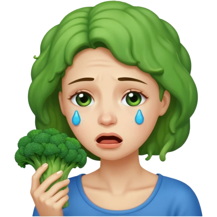 Woman crying eating broccoli. make tears blue color emoji