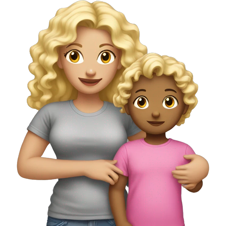 girl with blond hair and pink t-shirt holding baby with curly blond hair in grey t-shirt emoji