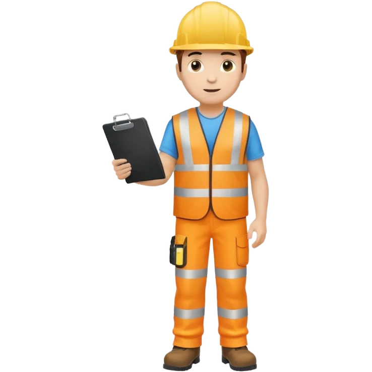 engineer standing with safety boots, holding a clipboard in one hand emoji