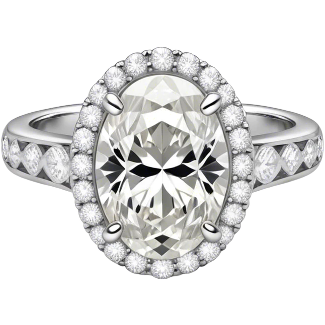 platinum oval diamond engagement ring with white diamond halo and white diamond band emoji