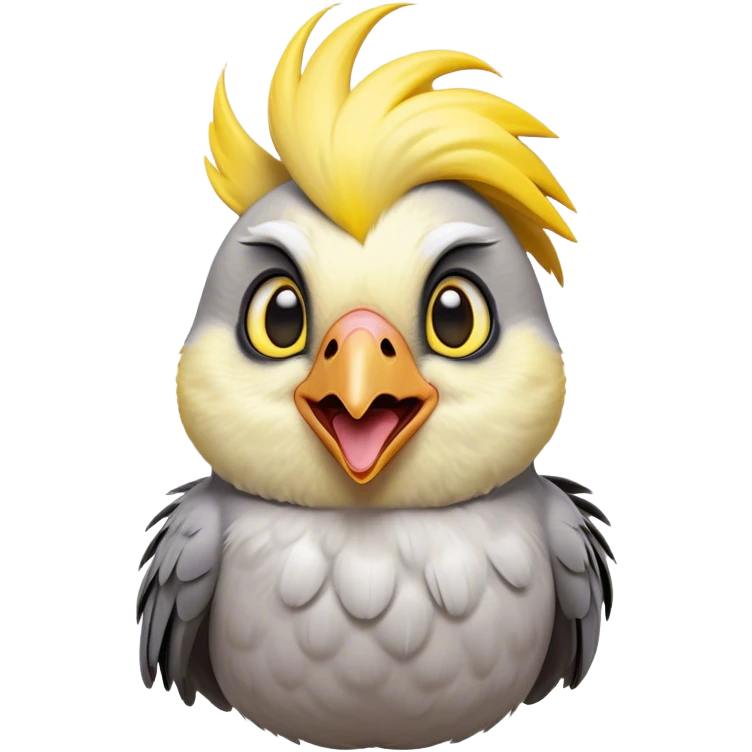 Cinematic Comical Cockatiel Portrait Emoji, Head tilted dramatically with an exaggeratedly amused expression, featuring a striking grey fur with bold yellow accents and a flamboyant crest, wide, expressive dark eyes filled with playful disbelief, Simplified yet hilariously expressive features, highly detailed, glowing with a slightly sassy glow, high shine, dramatic yet playful, stylized with an air of cheeky mischief, bright and endearing, soft glowing outline, capturing the essence of a spirited and over-the-top cockatiel, so meme-worthy it feels like it could side-eye its way into internet fame instantly! emoji