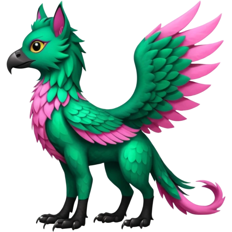 Emerald-green gryphon-Trico-fusion-hybrid with a long tufted tail, black beak, pink swirly pattern markings, black claws, black tail, majestic, realistic, furry (full body) emoji