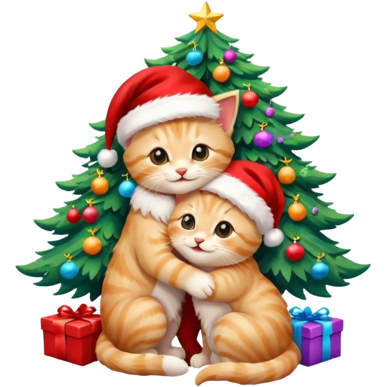 two hugging blonde happy fluffy cute smiling kittens with Santa hats by a colorful multicolored brightly lit up Christmas tree emoji