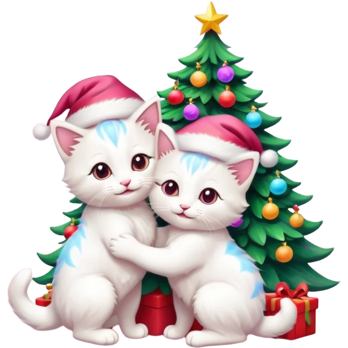 two hugging white happy fluffy cute smiling kittens with Santa hats by a colorful multicolored brightly lit up Christmas tree emoji