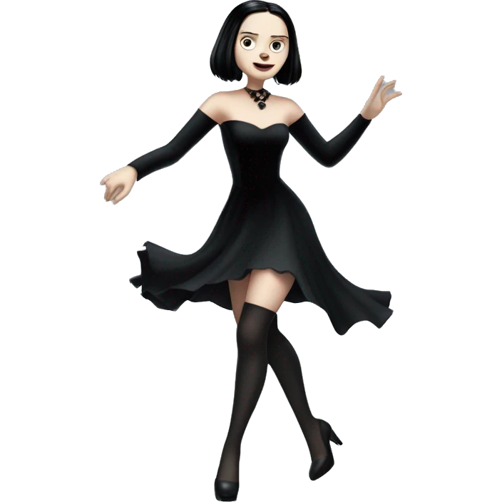Wednesday Addams dancing with wolves. Longer hair, short black flowing strapless evening gown with  plunging neckline that’s off-the-shoulders that also shows her legs and black shiny velvet high heel shoes. emoji
