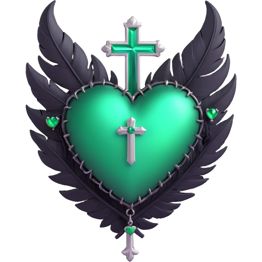 3D emoji gothic heart, emerald green glass, silver cross, feather accents emoji