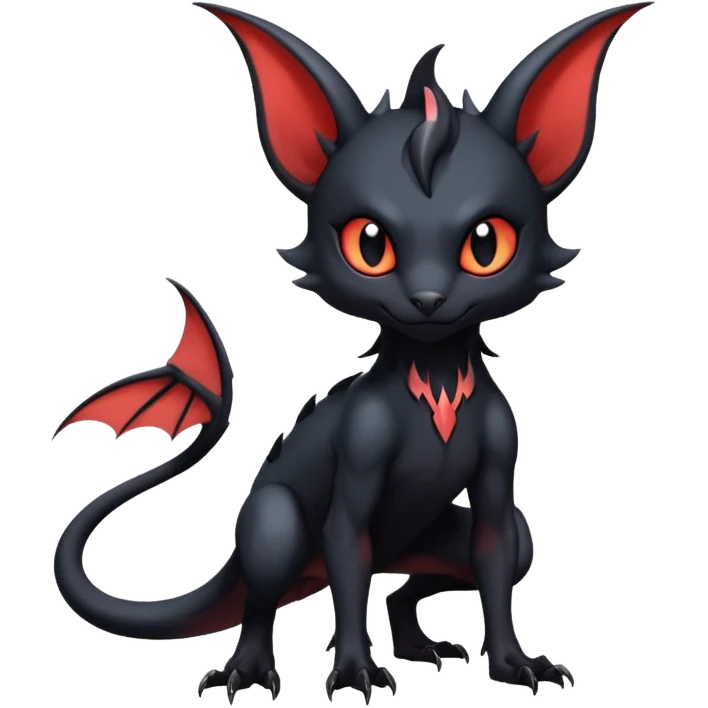 Futuristic Black Cute Dark Abyssal Vampiric Batty Ethereal Modern Salandit-Litten-Noibat-Abyss-Lykoi-Fakémon-creature-hybrid Full Body with horns emoji