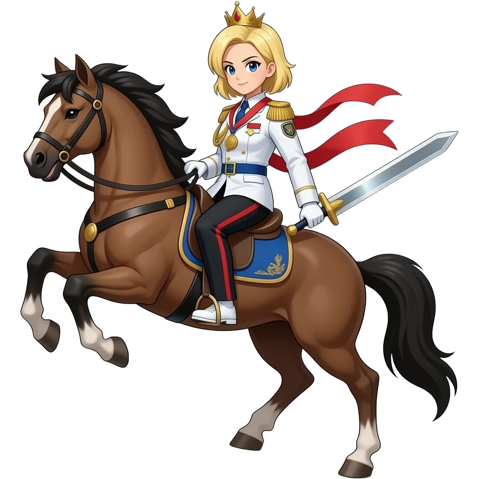 blonde shoulder length haired female android 18 from dragon ball super are wear gold tiara white military tunic arm badge shoulder cord medal red sash blue belt black trouser with two side red stripes white shoes have riding on horse rearing up top of mountain showing heroic with sword emoji