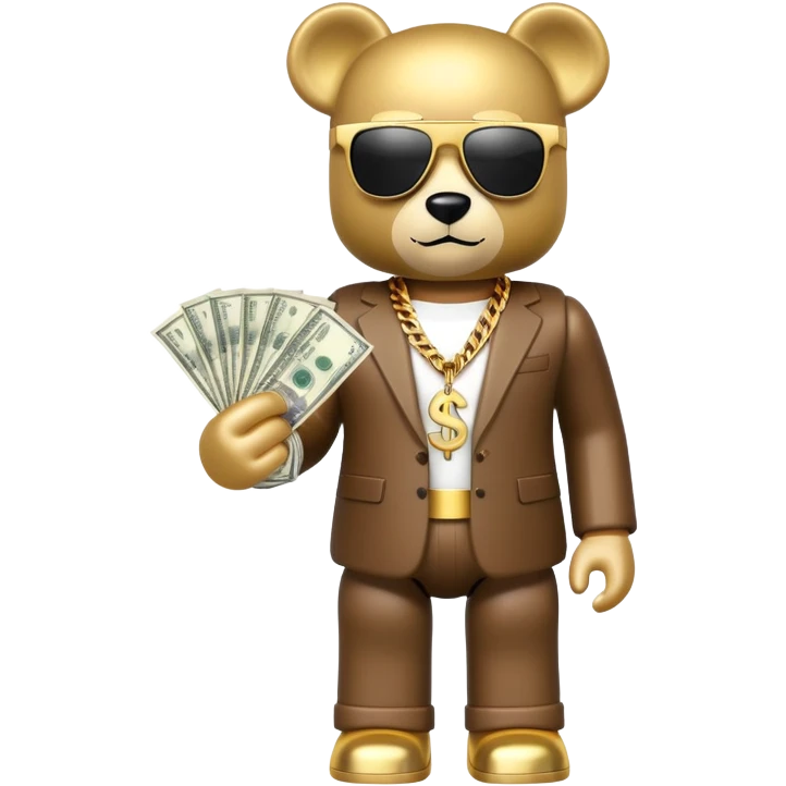 hustler bearbrick toy figure wearing gold chain, sunglasses and money emoji