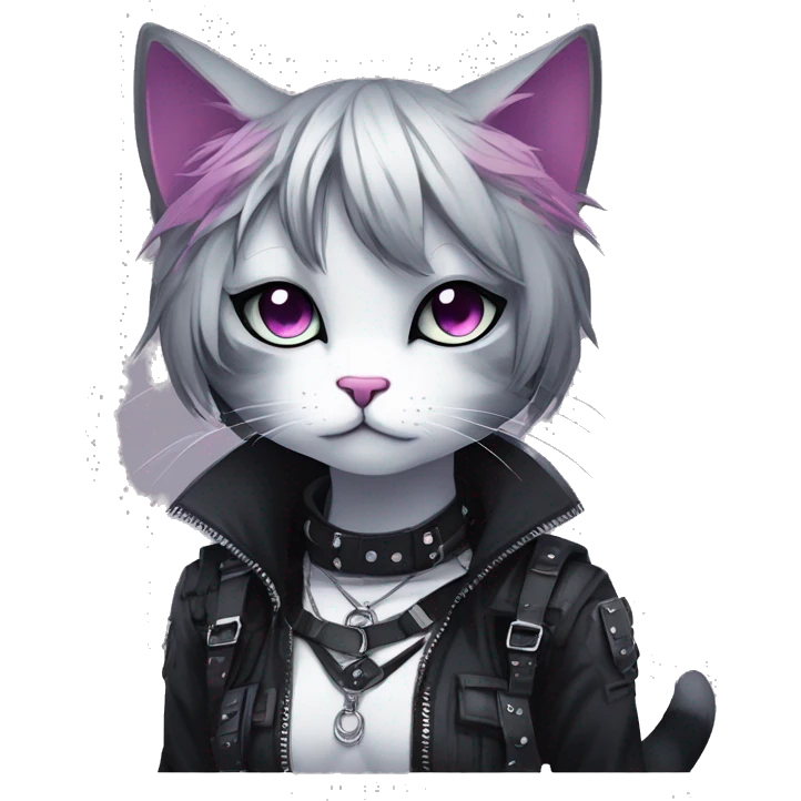 Gorgeous edgy epic punk gradient gothic dark techwear anime style anthro cat with blushing face aesthetic and pretty edgy black with collar and harness trending style emoji