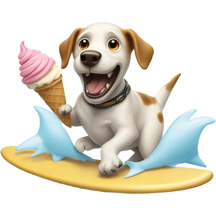 Dog on surfboard eating ice cream cone running away from a shark emoji