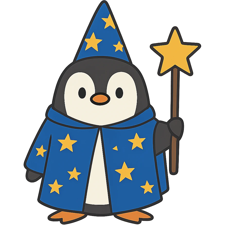 flat toon style penguin wizard with a starry cloak emoji