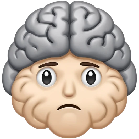 A sad, unhealthy brain with a frowning face, looking sick and tired emoji