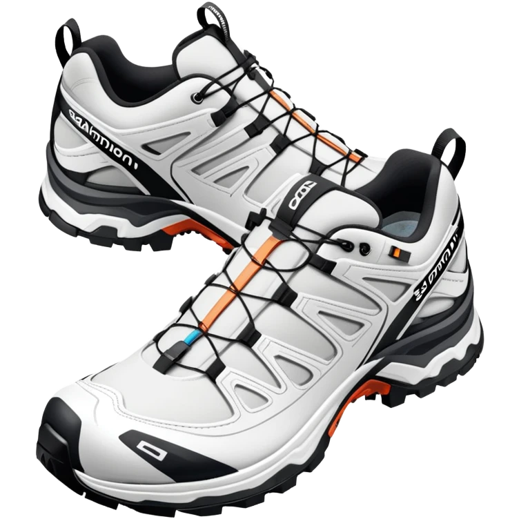 Pair of white Salomon XT-6 Gore-Tex shoes arranged with one slightly behind the other, iOS emoji style with simplified details, technical white hiking shoes with characteristic Quicklace system emoji