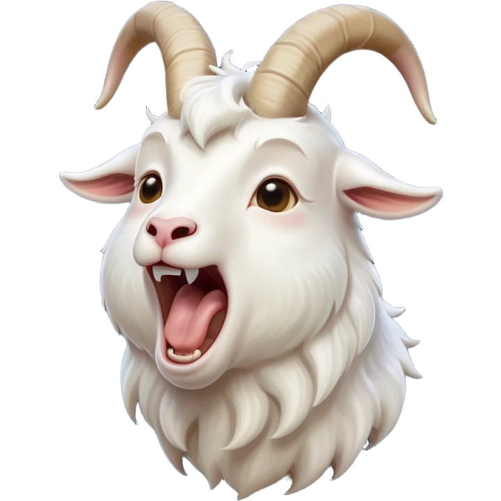 Cinematic Cute Yawning White Goat Portrait Emoji, Head tilted slightly with a dramatic, wide-open yawn, showcasing a soft, downy white fur with delicate horns and gently drooping ears, round eyes barely open in drowsy contentment, Simplified yet irresistibly adorable features, highly detailed, glowing with a soft, cozy glow, high shine, relaxed yet expressive, stylized with a touch of whimsy, bright and endearing, soft glowing outline, capturing the essence of a sleepy yet affectionate goat, so drowsy it feels like it could stretch out of the screen and curl up for a nap! emoji