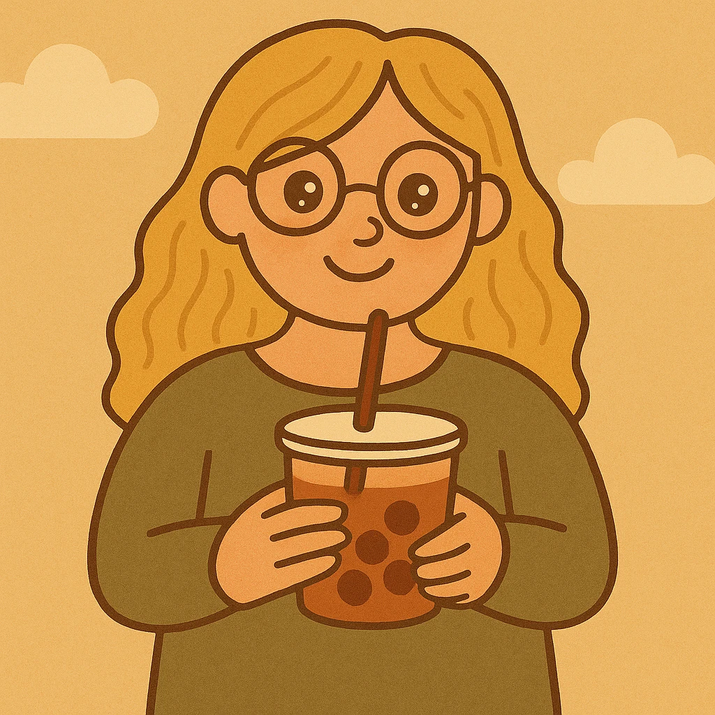 Make her cuter and more aesthetic with soft features, big sparkling eyes, gentle smile, and pastel accents. Keep the flat warm colors cartoon style. emoji