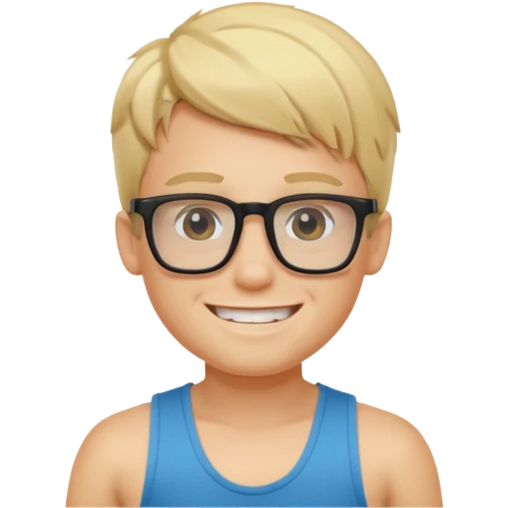 portrait of boy, wearing a tank top, square glasses, grinning face, blond hair emoji