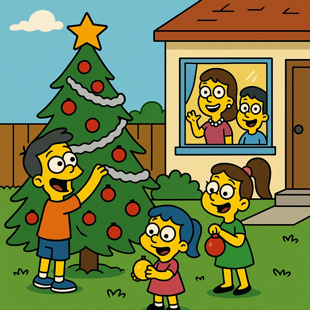 The children covered the tree in tinsel and ornaments. 3 children inside the house. Christmas incoming. emoji