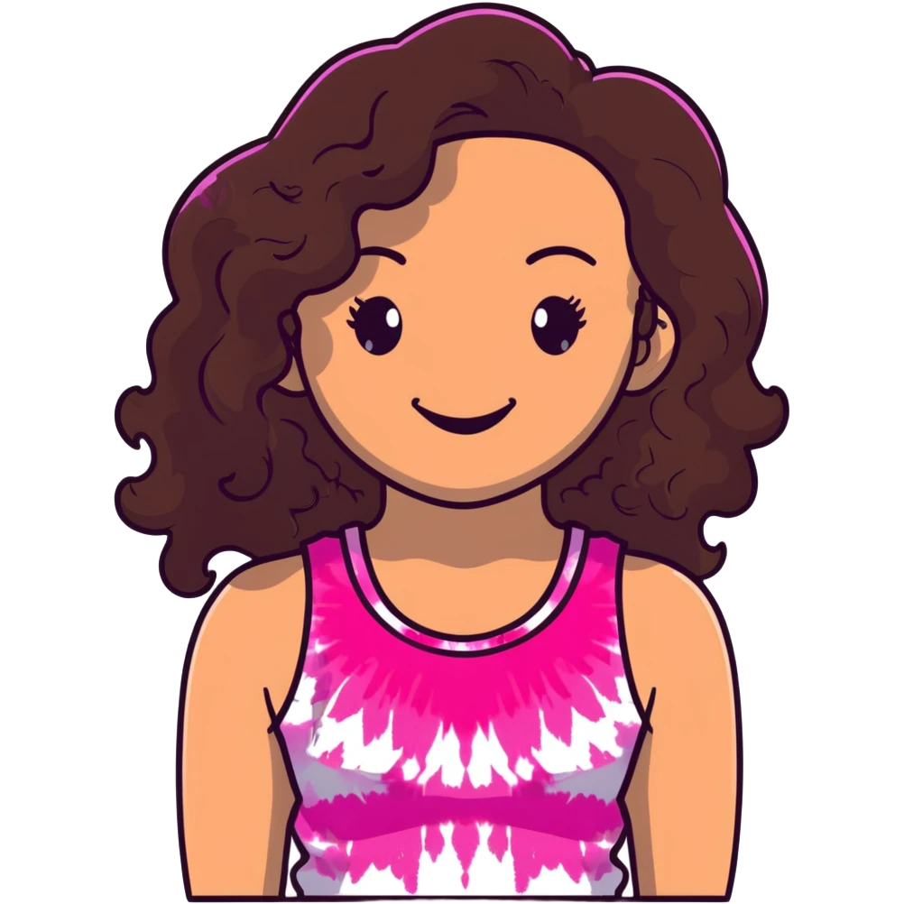 Friendly maternal woman with fair skin, long dark brown curly hair, large almond eyes, full lips, wearing bright pink tie-dye tank top, warm welcoming smile emoji
