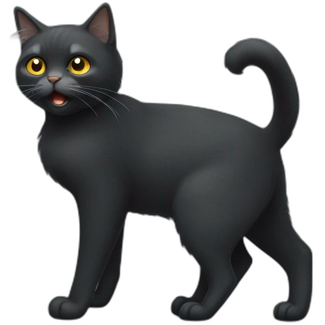 Full body Fat Russian black grey cat with golden eyes and a white lock of hair on his chest,  of hasitting and meowing  emoji