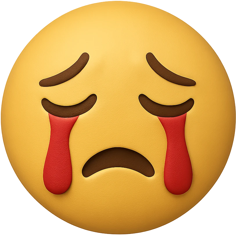 yellow crying face emoji, matte finish, red tears, no background emoji