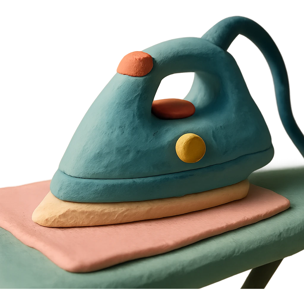 close-up of iron gliding over fabric on ironing board, soft lighting, pastel colors, claymation style emoji