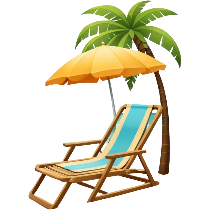 Icon for Beach Tourism: a sunny beach with waves, lounge chair and palm trees, a snorkel mask, capturing the essence of tropical beach relaxation. The icon should feel bright and carefree, without a frame. Transparent background. emoji