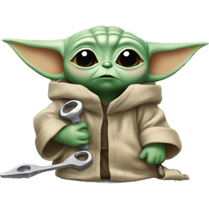 Baby Yoda  with a wrench and tired expression. tired from long repair, wipes the sweat off his face. emoji