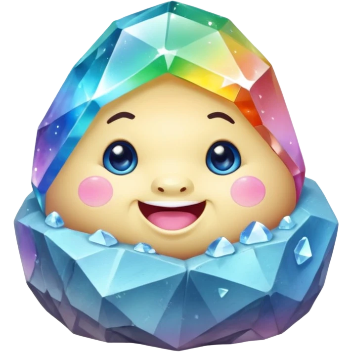 A single pastel rainbow crystal baby rock character, chubby and heavy with a chunky, irregular polygon shape, not egg-shaped, covered in faceted crystal planes and small chips, soft blue face carved into the rock, big glossy rainbow eyes and a small smiling mout emoji