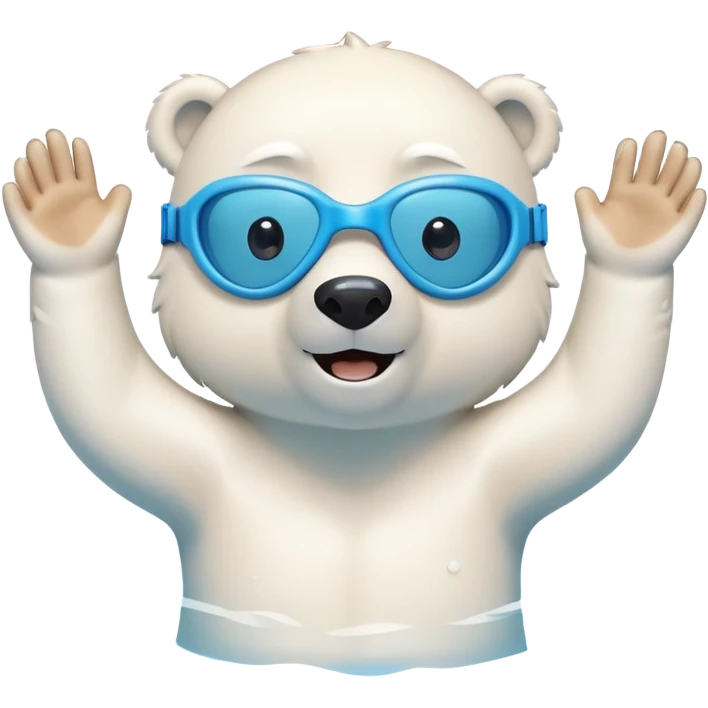 friendly anthropomorphised polar bear swimming freestyle in a pool with excited expression wearing blue swimming goggles emoji