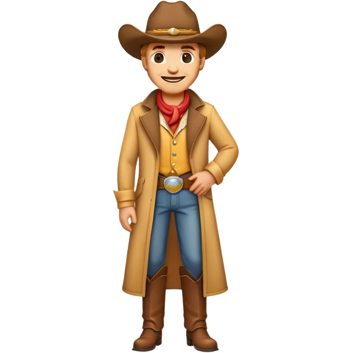 Clash of Clans aesthetic Cheerful Cowboy Portrait Emoji, With a bright, confident smile and a relaxed, adventurous stance, showcasing a stylized, spirited build in a duster coat and classic hat, his face rendered in natural skin tone, Simplified yet expressive features, highly detailed, glowing with a soft, golden western radiance, high shine, upbeat and daring, stylized with an air of classic cowboy allure, soft glowing outline, capturing the essence of a cheerful cowboy ready to gallop into epic adventures! emoji