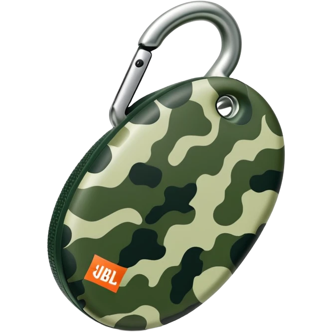 Super simplified JBL Clip 4 speaker, abstract oval shape with tiny carabiner and minimal green camo dots, iOS emoji style emoji
