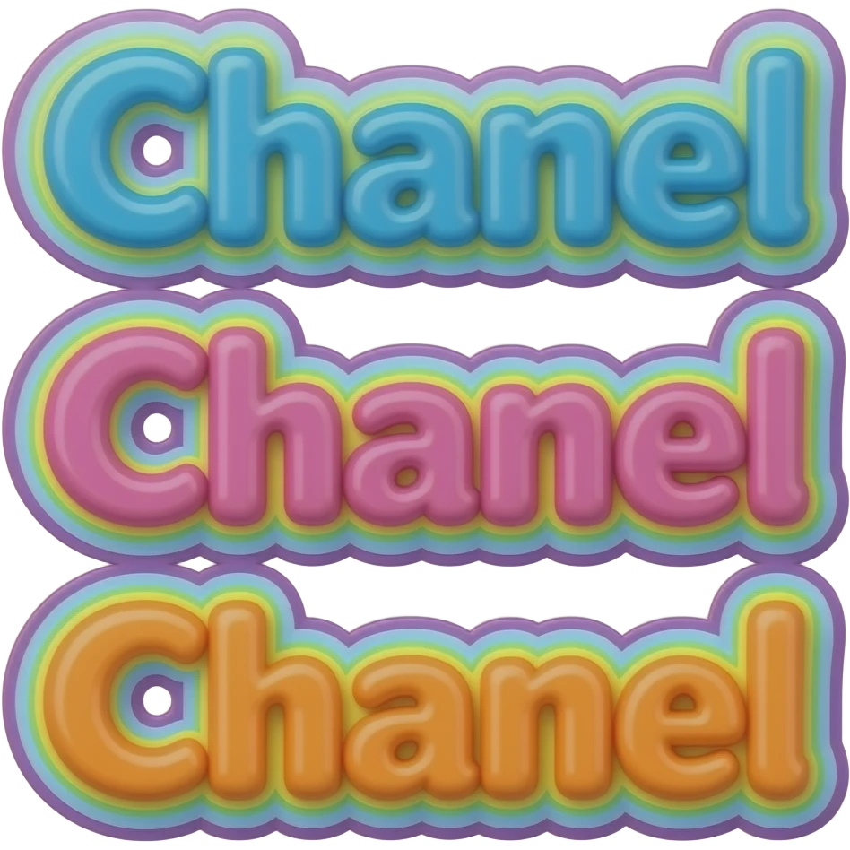 name "Chanel" in blue pink orange 3D style typography lettering, each color of the rainbow as a border outlined around each letter, isolated, 3d rendering, no emoji icons no emoji faces and must have no human figures emoji