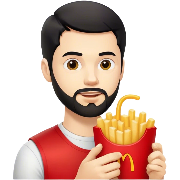 young white man with black short beard and short black hair eating mc Donald’s  emoji