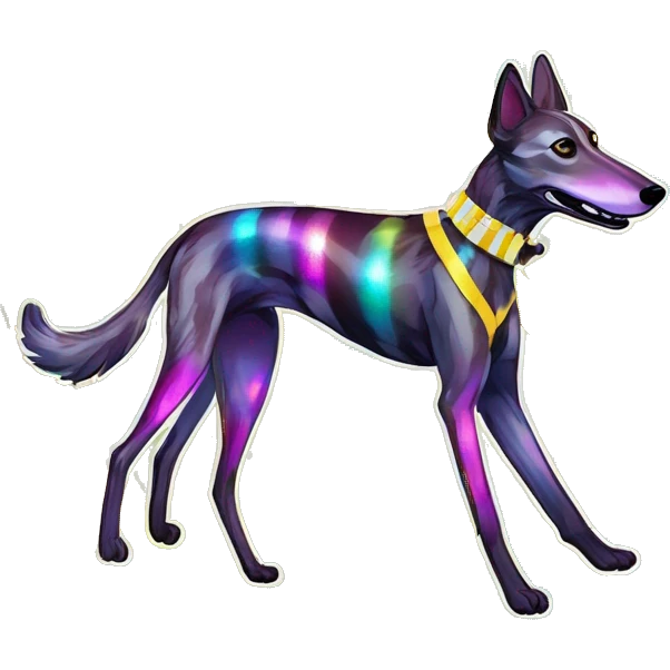  brindle brown black maroon striped lurcher Alsatian fox running blue eyes and iridescent holographic oilslick harness wearing paper iridescent tropical flower crown yellow caution tape emoji