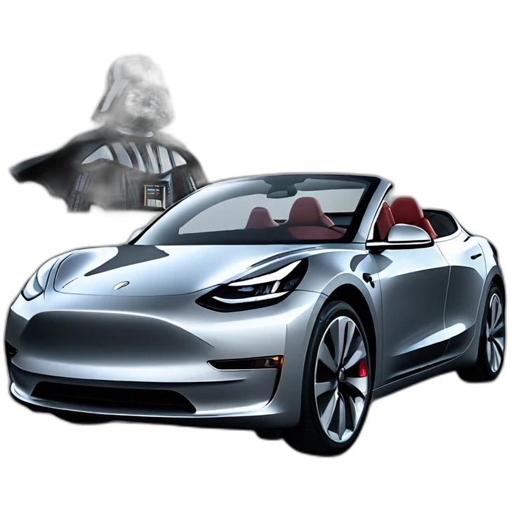 Darth Vader driving an open top black Tesla Model 3, with grey seats, front view emoji