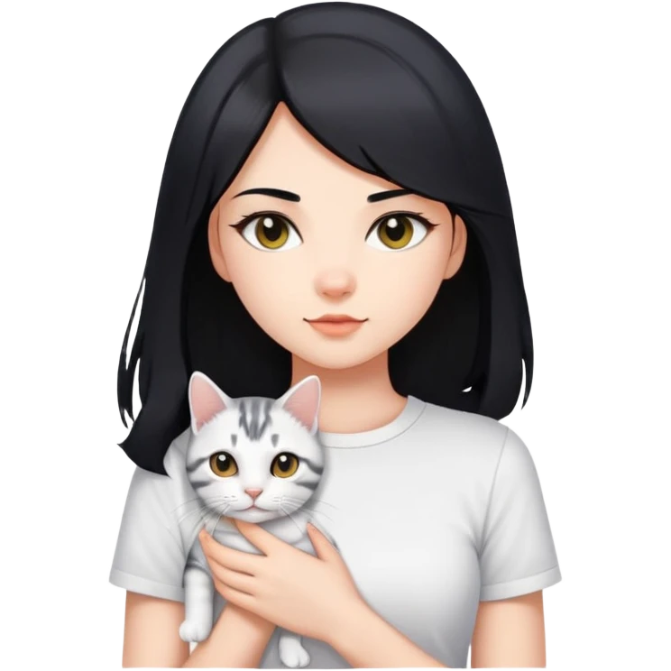 Long black hair beautiful girl wearing a white short-sleeved shirt tightly holding an American shorthair emoji