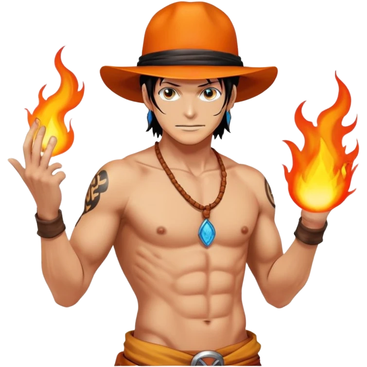 Portgas D. Ace with orange hat, shirtless with ASCE tattoo, fire powers emoji