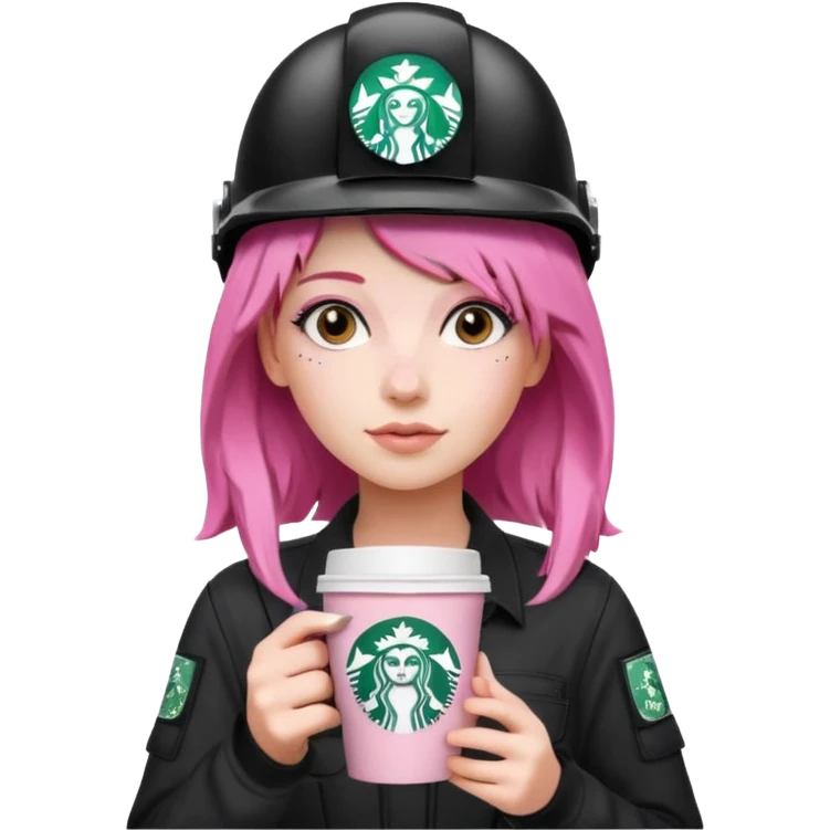 сделай молодую девушку с розовыми волосами, накрашенную красиво, с стаканчиком кофе из старбакса и в каске без эмблемы emoji