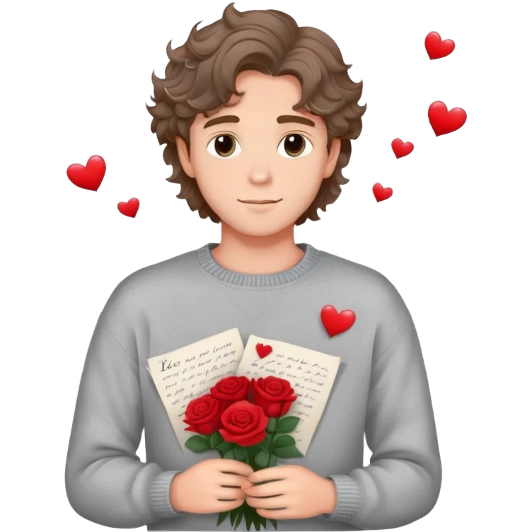 Pretty romantic boyfriend with soft eyes and wavy hair, holding roses and love letters, heart sparkles around him, wearing cozy sweater, dreamy  emoji